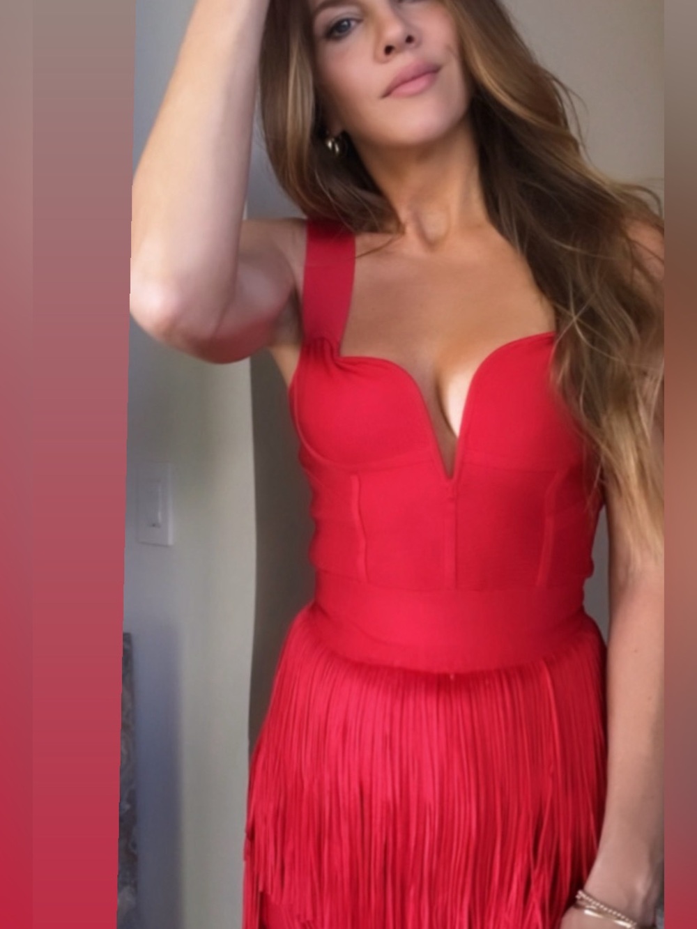 Hervé Léger Red Fringe Maxi Dress with Bustier Couture Cut Neckline - Picture 4 of 4